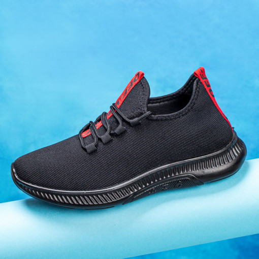 Adidasi clasici barbati, Pantofi barbati sport negri cu rosu din material textil MDL05083 - modlet.ro