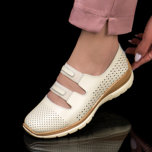 Pantofi dama - Piele naturala, Pantofi casual perforati dama bej din Piele cu barete elastice MDL04473 - modlet.ro