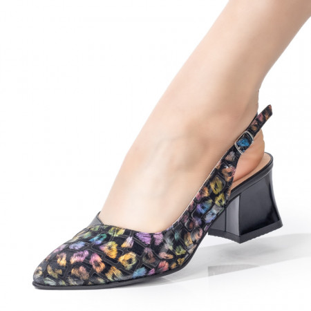 Incaltaminte dama, Pantofi cu toc dama negri cu imprimeu multicolor din Piele naturala MDL07639 - modlet.ro
