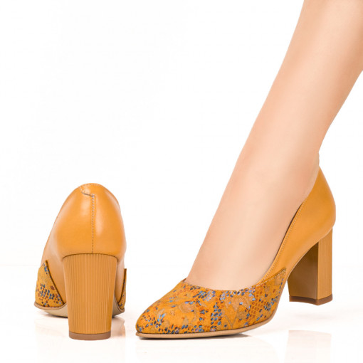 Pantofi dama piele cu toc gros, Pantofi cu toc galbeni cu imprimeu floral dama din Piele naturala MDL07635 - modlet.ro
