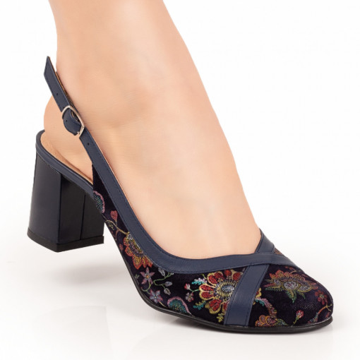 Pantofi cu toc gros dama, Pantofi dama cu toc albastri cu model floral din Piele naturala MDL07641 - modlet.ro