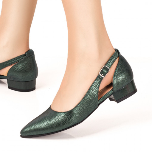 Pantofi cu toc din piele naturala, Pantofi dama cu toc mic si decupati la spate verzi din Piele naturala MDL07643 - modlet.ro