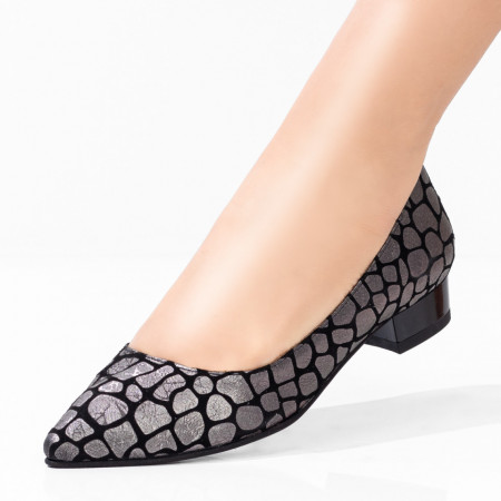 Pantofi dama eleganti cu toc mic gri si model din Piele naturala MDL06141