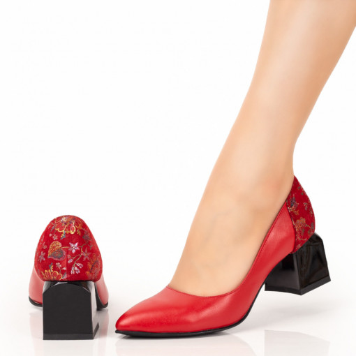 Pantofi dama piele cu toc gros, Pantofi dama rosii cu imprimeu floral si toc gros din Piele naturala MDL07660 - modlet.ro