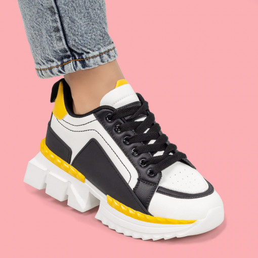 Pantofi sport dama albi cu galben si negru MDL03212