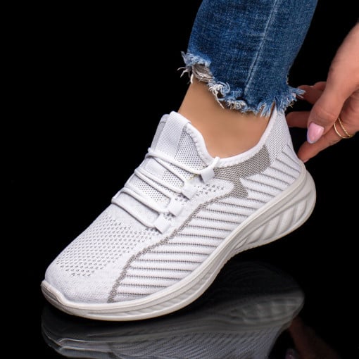 Pantofi sport clasici dama, Pantofi sport dama albi cu gri din material textil MDL03775 - modlet.ro