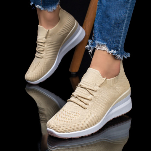 Pantofi sport clasici dama, Pantofi sport dama bej cu platforma din material textil MDL03441 - modlet.ro
