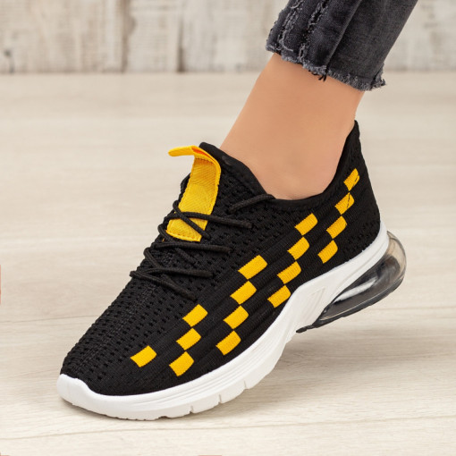 Oferta zilei, Pantofi sport dama negri cu galben din material textil MDL01735 - modlet.ro