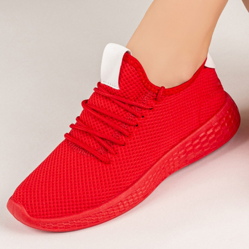 Pantofi sport rosii cu alb dama din material textil cu talpa groasa MDL01583