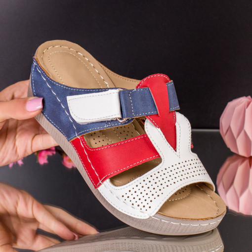 Papuci cu platforma dama albi cu rosu din piele ecologica MDL00621