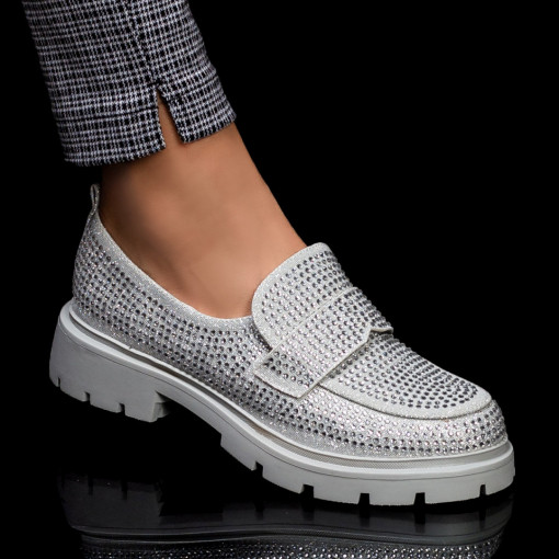 Pantofi casual trendy dama, Pantofi casual argintii dama cu talpa groasa si pietre aplicate MDL06123 - modlet.ro
