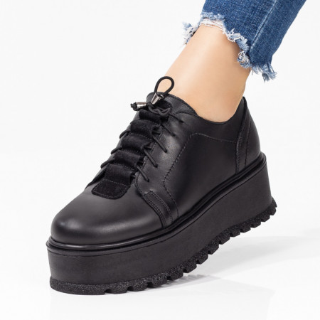 Reduceri  Pantofi casual, Pantofi casual dama cu talpa groasa din Piele naturala negri MDL07972 - modlet.ro