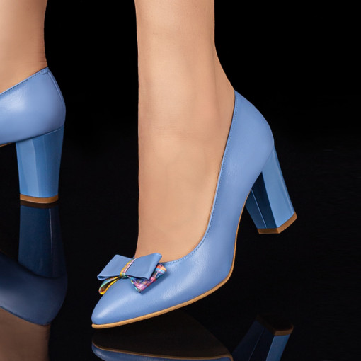 Pantofi dama albastri cu toc si fundita din Piele naturala MDL03560