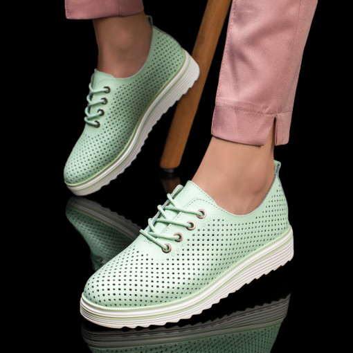 Pantofi dama - Piele naturala, Pantofi dama casual verzi din Piele perforati cu talpa groasa MDL04478 - modlet.ro
