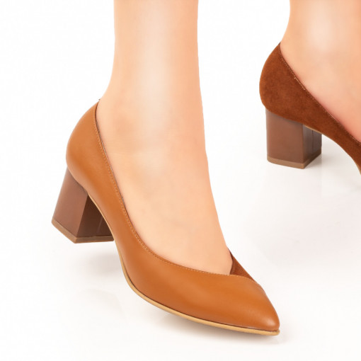 Pantofi cu toc din piele naturala, Pantofi dama cu toc gros maro din Piele naturala MDL033890 - modlet.ro