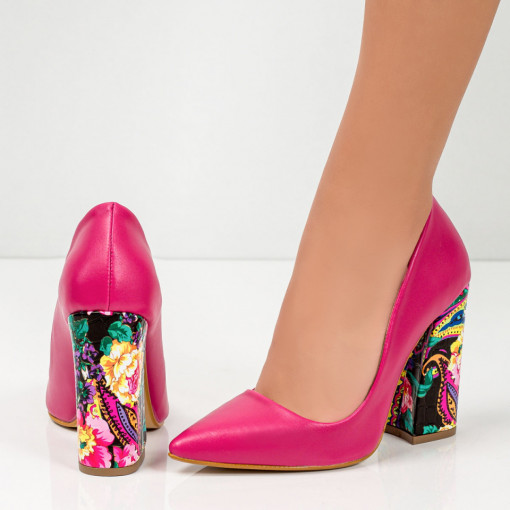 Pantofi trendy cu toc gros, Pantofi dama roz cu toc multicolor gros MDL05640 - modlet.ro