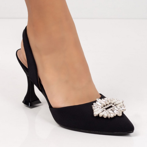 Pantofi Stiletto trendy, Pantofi negri dama cu toc conic si accesoriu cu pietre aplicate MDL05659 - modlet.ro