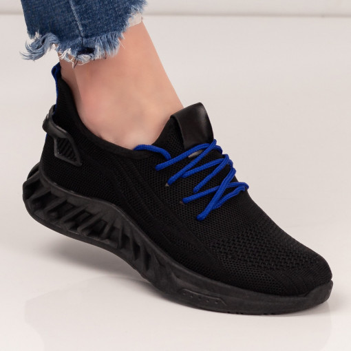 Pantofi trendy sport dama, Pantofi negri dama sport din material textil cu sireturi albastre MDL04607 - modlet.ro