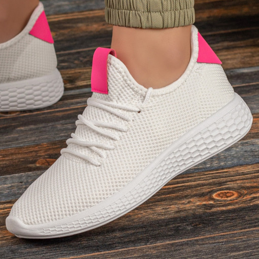 Pantofi sport dama albi cu roz din material textil cu talpa groasa MDL01583