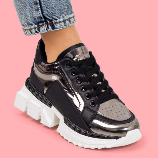 Pantofi trendy sport dama, Pantofi sport dama negri cu argintiu si alb MDL03212 - modlet.ro