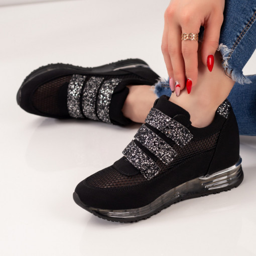 Pantofi trendy sport dama, Pantofi sport dama negri cu gri transparenti cu platforma interioara MDL04413 - modlet.ro
