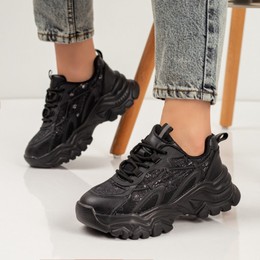 Pantofi sport dama negri cu insertii de material cu paiete MDL03002