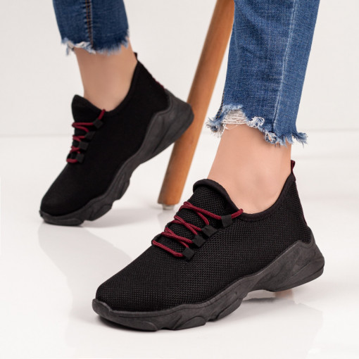 Pantofi sport dama negri cu sireturi rosii din material textil MDL03974