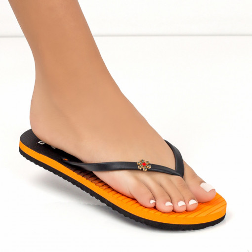 Papuci si slapi dama, Papuci dama de plaja negri cu portocaliu MDL05323 - modlet.ro