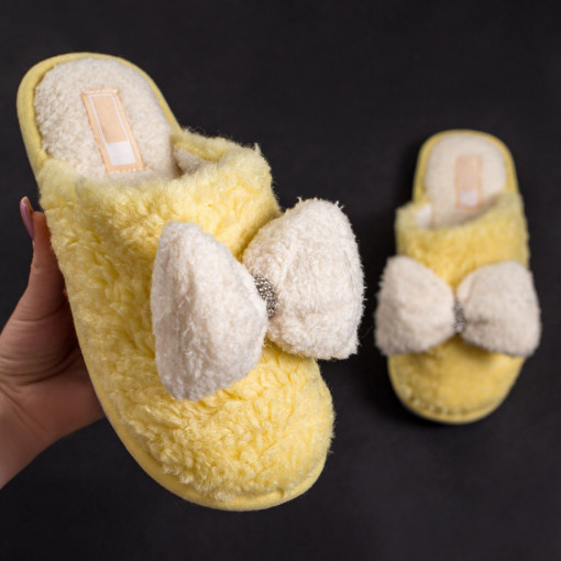 Papuci de casa dama, Papuci de casa cu funda dama galben din material textil MDL02450 - modlet.ro