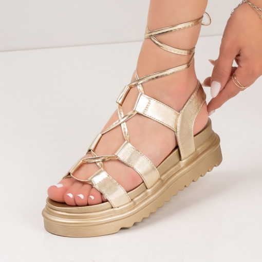 Sandale trendy cu platforma, Sandale aurii dama cu platforma si inchidere cu snur pe glezna MDL05040 - modlet.ro