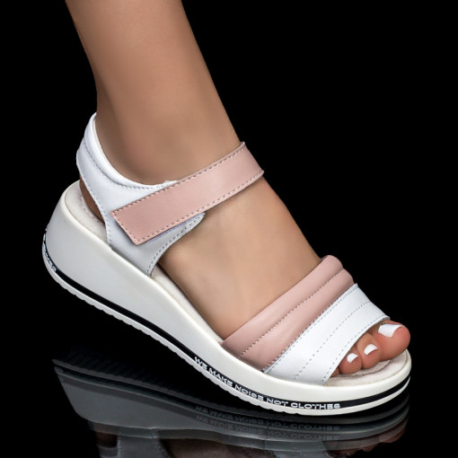 Sandale piele cu platforma, Sandale dama alb cu roz si platforma din Piele MDL05034 - modlet.ro