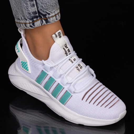 Pantofi trendy sport dama, Adidasi dama sport albi cu verde din material textil MDL05115 - modlet.ro