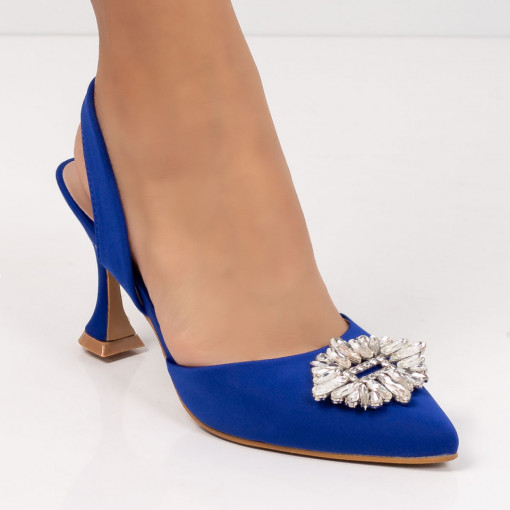 Pantofi Stiletto trendy, Pantofi albastri dama cu toc conic si accesoriu cu pietre aplicate MDL05659 - modlet.ro