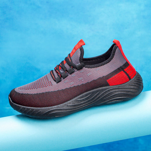 Adidasi clasici barbati, Pantofi barbati sport negri cu rosu din material textil MDL03782 - modlet.ro