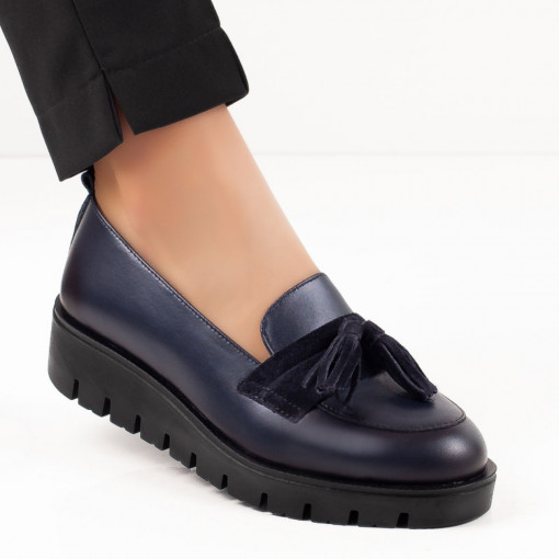 Pantofi dama casual - Piele naturala, Pantofi casual dama albastri cu canafi si talpa groasa din Piele naturala MDL03573 - modlet.ro