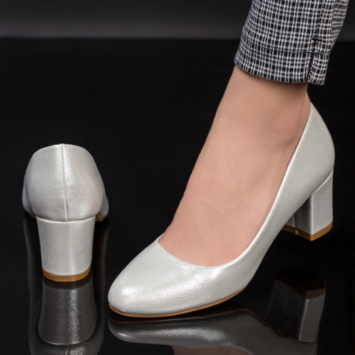 Pantofi cu toc gros mediu dama argintii eleganti MDL02832
