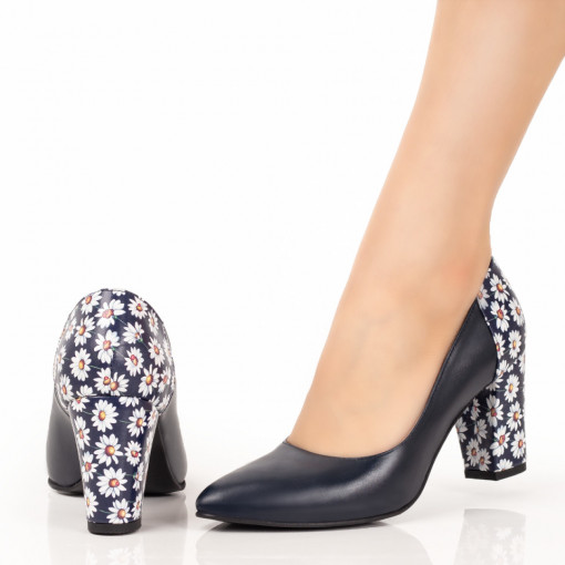 Pantofi dama piele cu toc gros, Pantofi dama albastri cu toc gros si model floral din Piele naturala MDL06142 - modlet.ro