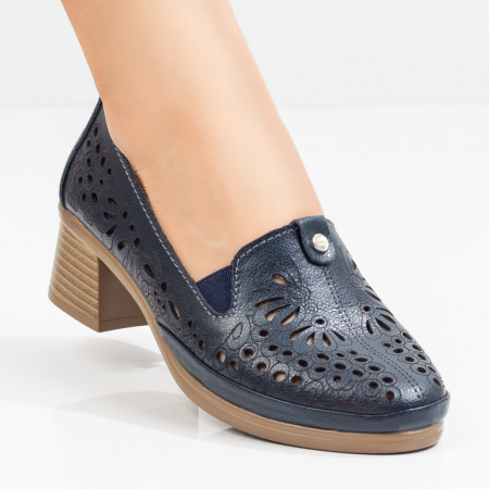 Pantofi dama casual albastri perforati din Piele cu toc gros MDL05426