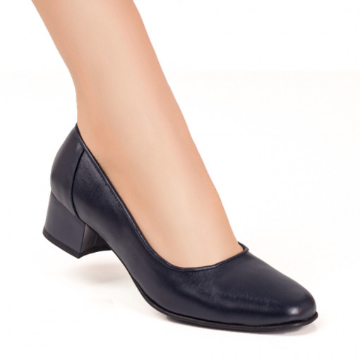 Pantofi cu toc din piele naturala, Pantofi dama cu toc mic albastru inchis din Piele naturala MDL07645 - modlet.ro