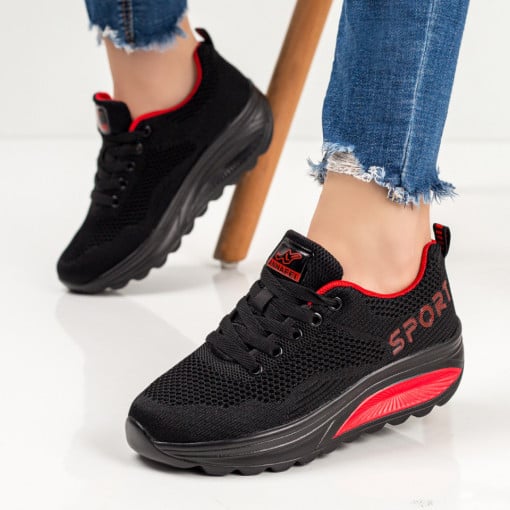 Pantofi sport dama negri cu rosu din material textil cu platforma MDL00170
