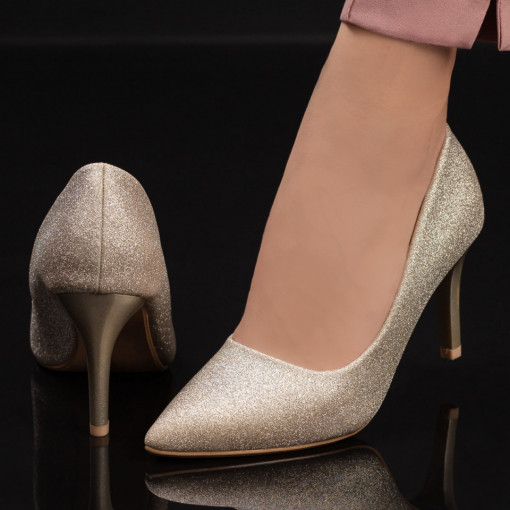 Pantofi Stiletto trendy, Pantofi Stiletto dama aurii din glitter MDL02936 - modlet.ro
