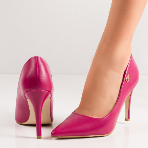 Pantofi Stiletto dama cu toc subtire roz inchis si accesoriu metalic MDL06495