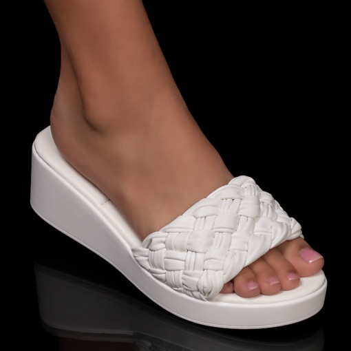 Papuci casual dama, Papuci albi cu platforma dama si model impletit MDL05498 - modlet.ro