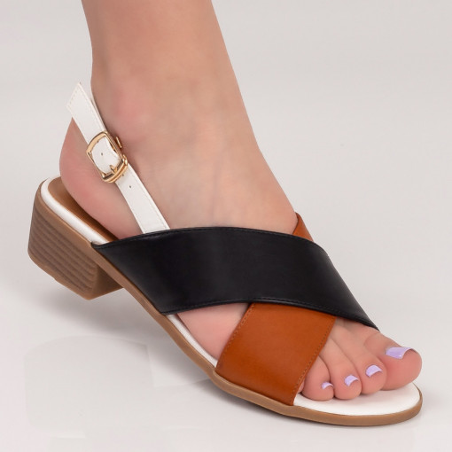 Sandale dama albe cu maro si negru cu toc mic MDL04993