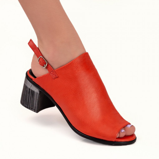 Sandale cu toc din piele naturala, Sandale dama rosii din Piele cu toc gros MDL04564 - modlet.ro