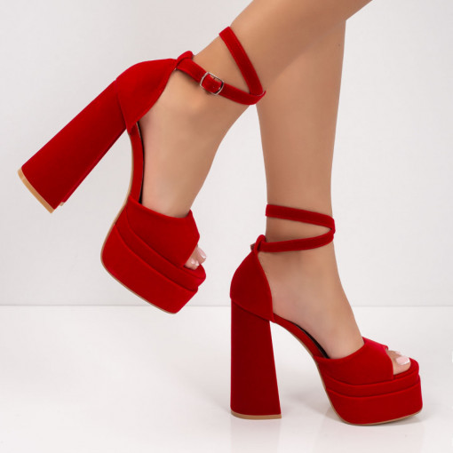 Sandale trendy cu toc si platforma, Sandale rosii dama cu toc gros si platforma MDL05653 - modlet.ro