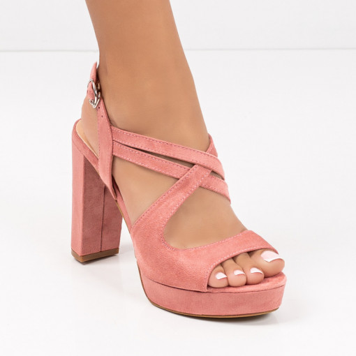 Sandale trendy cu toc si platforma, Sandale roz dama cu toc gros si platforma MDL04666 - modlet.ro