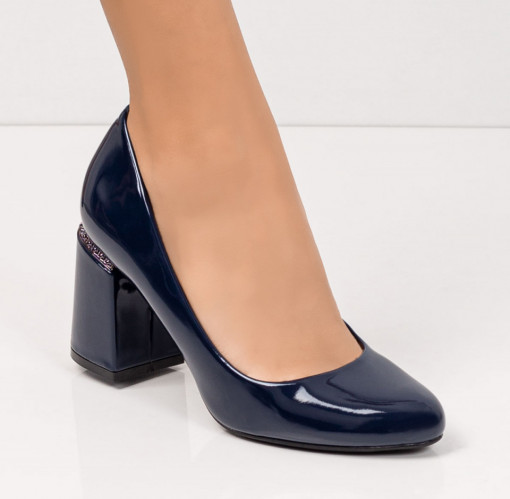 Pantofi cu toc gros dama, Pantofi albastri dama cu toc gros si aspect lacuit MDL02837 - modlet.ro