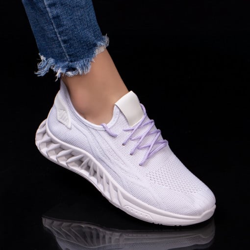 Pantofi sport dama, Pantofi albi dama sport din material textil cu sireturi mov MDL04607 - modlet.ro