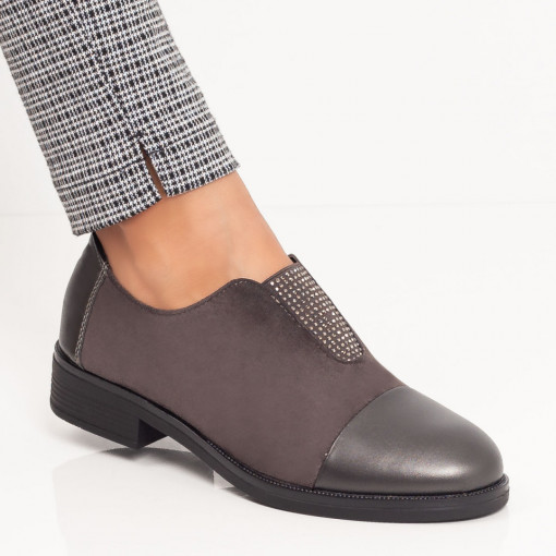 Pantofi casual clasici dama, Pantofi casual cu aspect mat dama gri cu pietre aplicate MDL033829 - modlet.ro